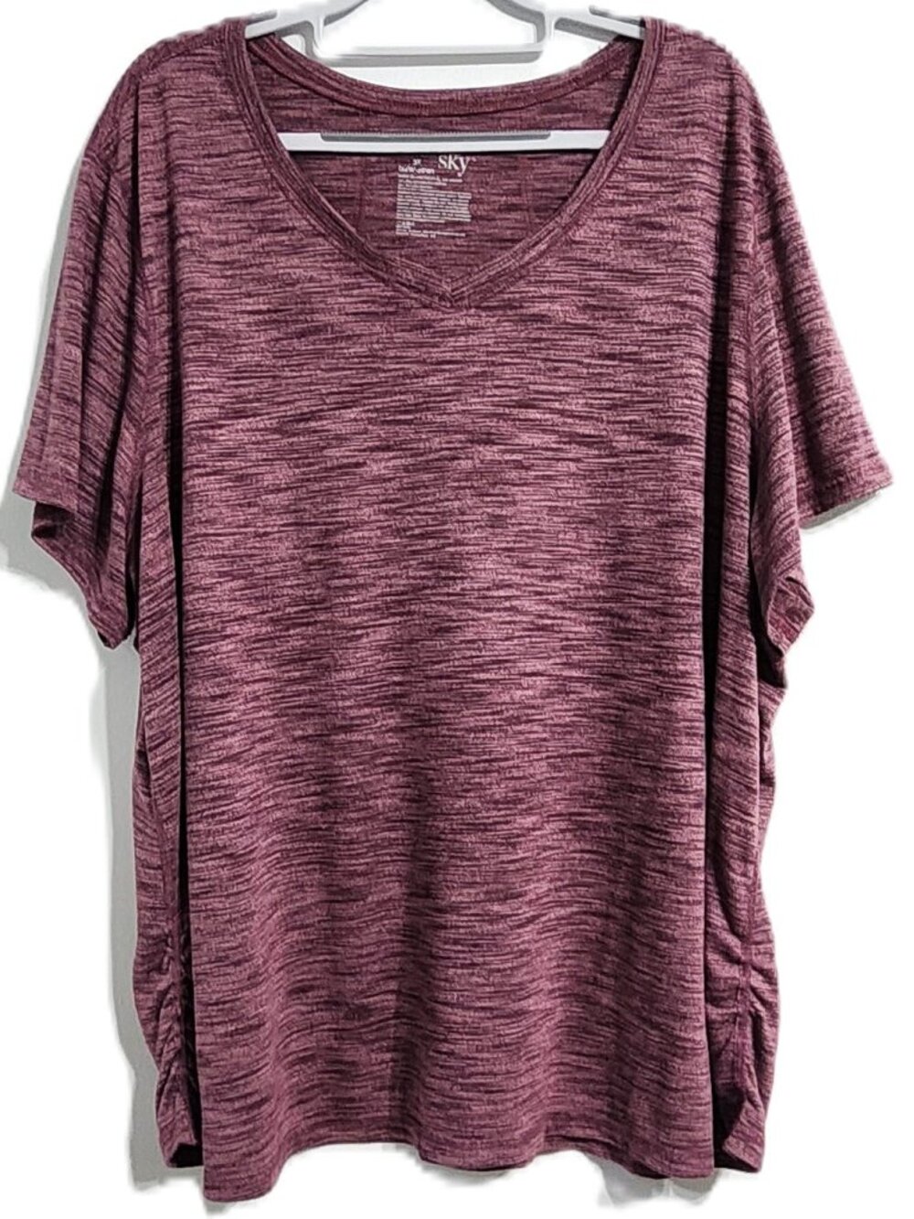 Terra & Sky Women’s Plus Size 3X Burgundy Heathered Short Sleeve Ruched Top